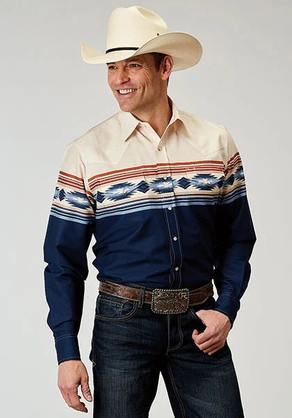 Roper 1906 Distressed Aztec Border (Navy) - Men's Western Shirt