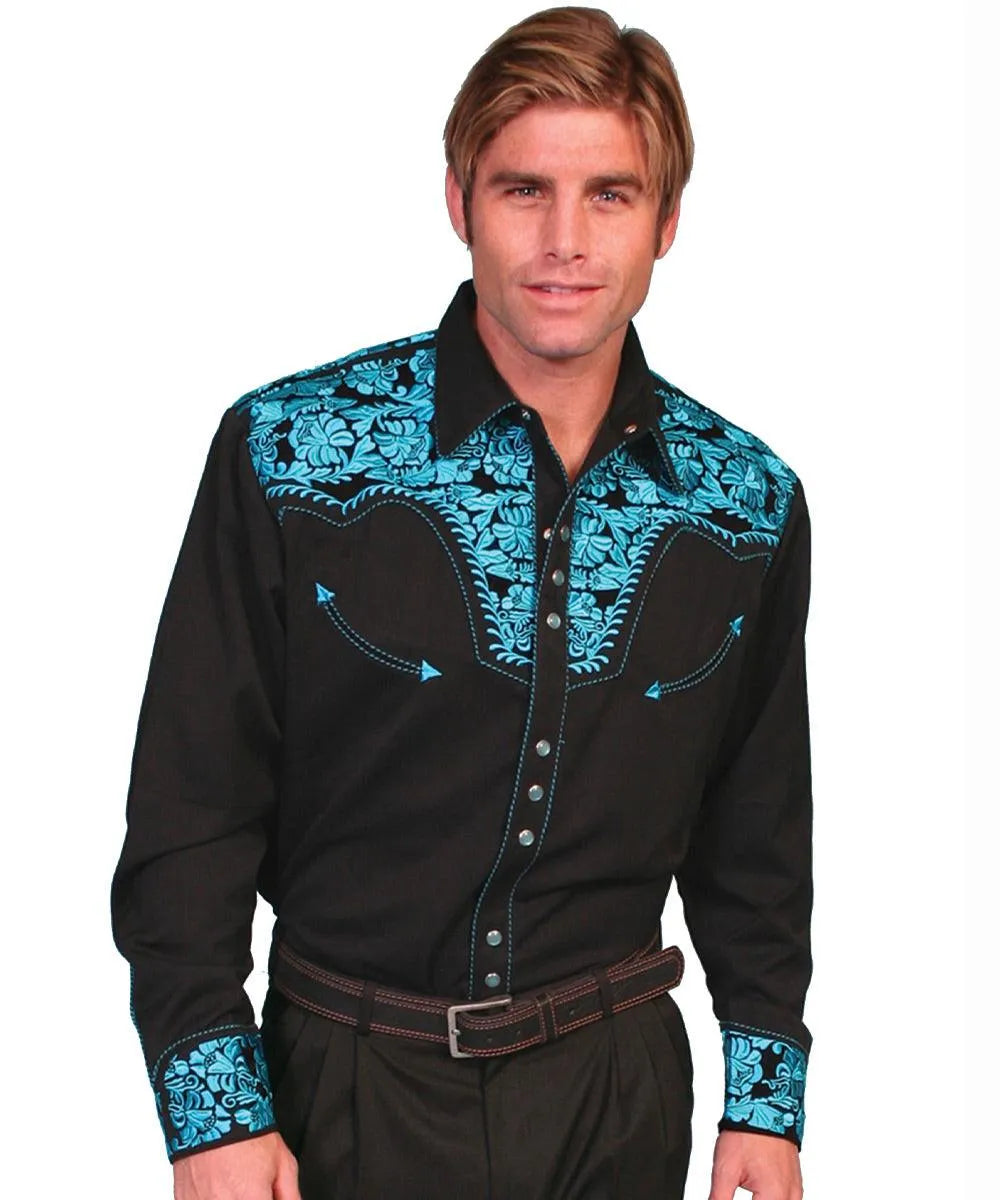Scully Floral Tooled Embroidery - Men's Western Shirt (Black/Turquoise)